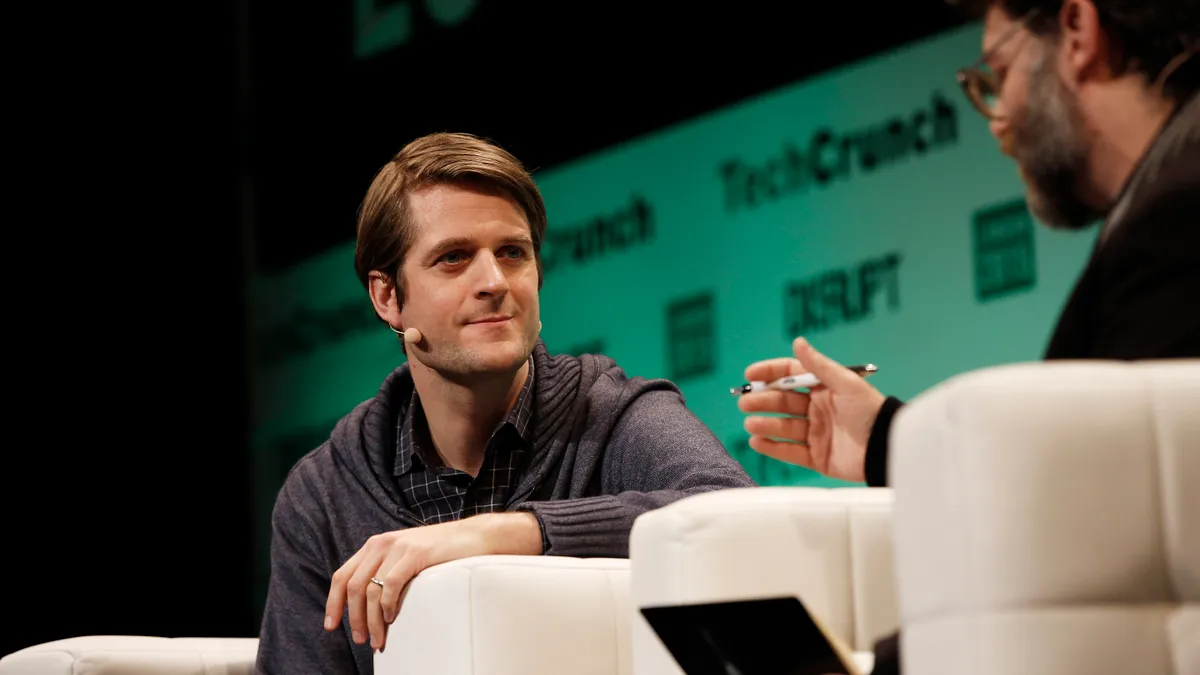 Co-founder and CEO Klarna Sebastian Siemiatkowski and Jonathan Shieber during TechCrunch Disrupt London 2015 - Day 1 at Copper Box Arena on December 7, 2015 in London, England.