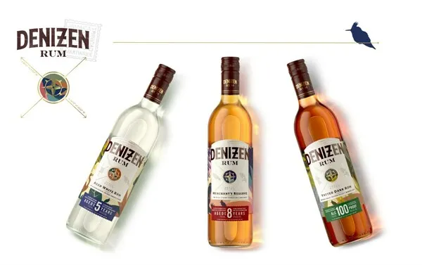 Three different types of Denizen Rum in glass bottles.