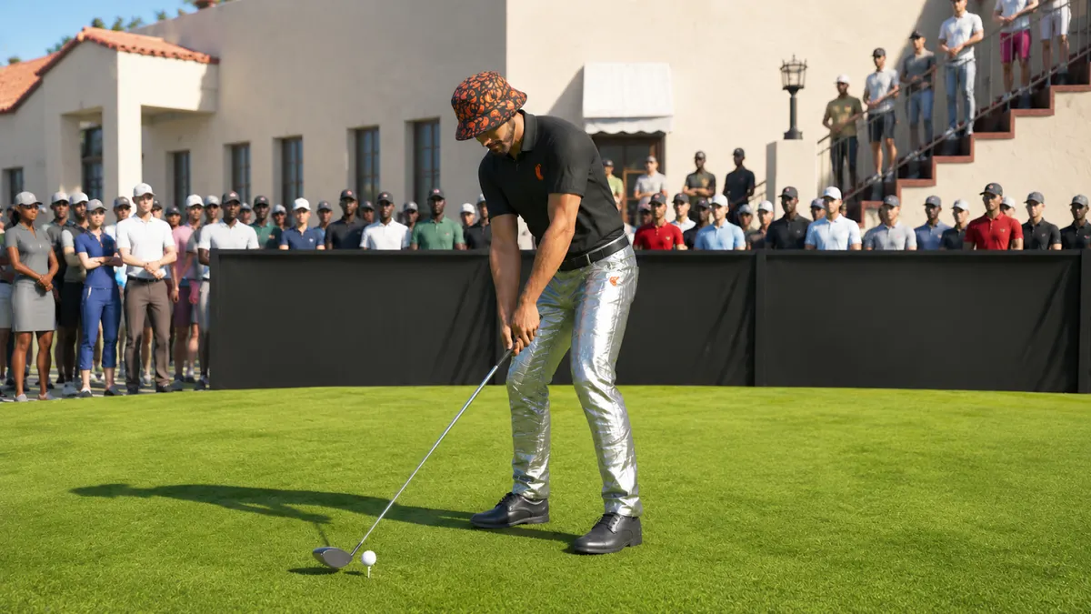 An in-game avatar plays golf while wearing foil pants, a bucket hat and polo.