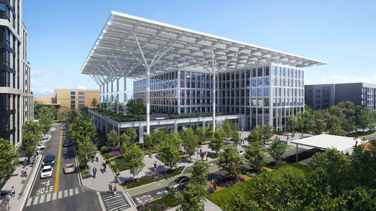 The rendering of a new, glassy, modern building on a beautiful day. The building is large and modern-looking, with plenty of glass.