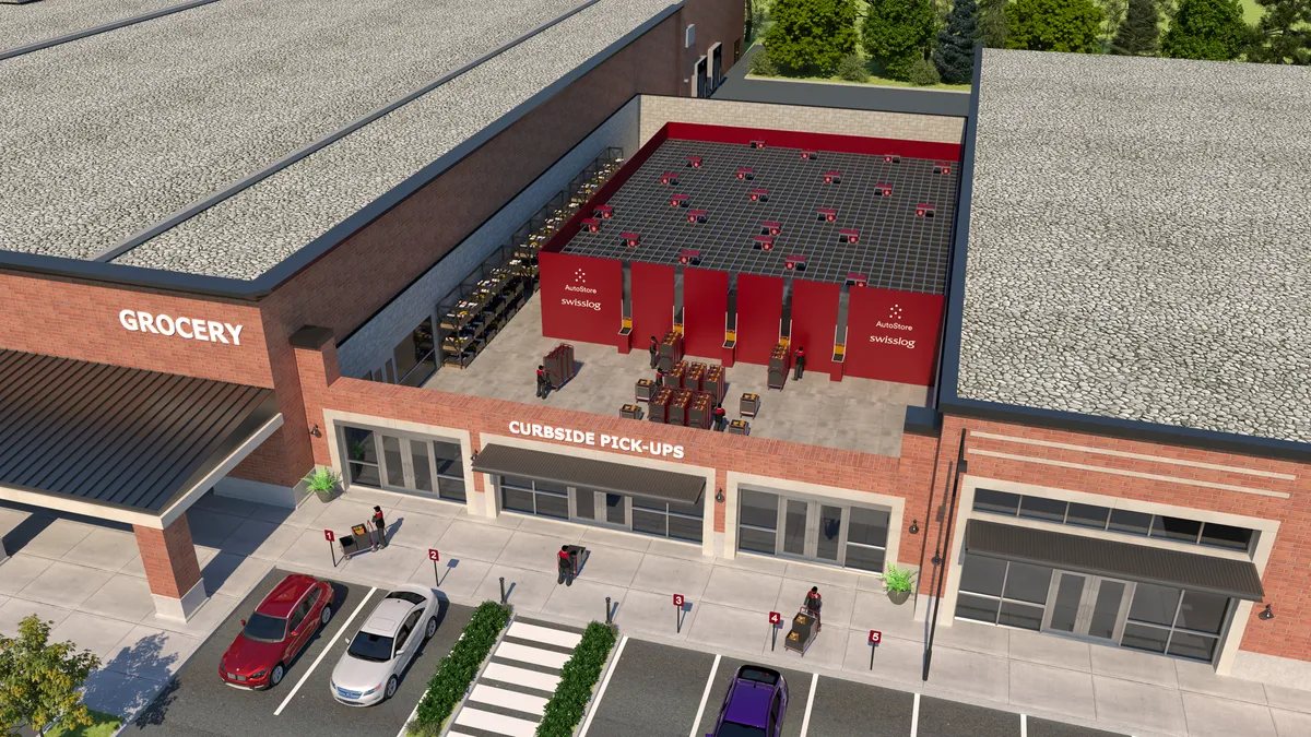 Rendering of Swisslog AutoStore micro-fulfillment center atop grocery store