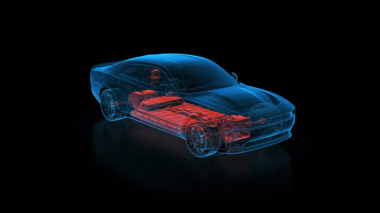 A visualization of the powertrain powering the 2026 Dodge Charger Daytona Scat Pack AWD.