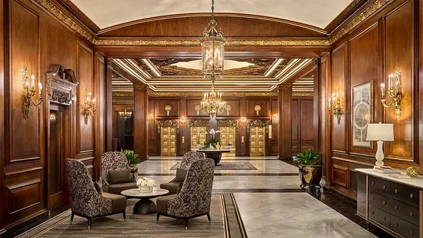 The lobby of Omni Parker House hotel in Boston following its recent restoration.