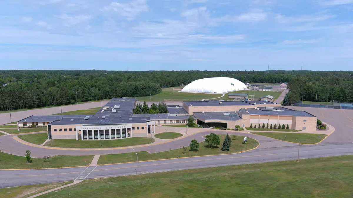 Wisconsin Rhinelander HIgh School's exterior is shown from above