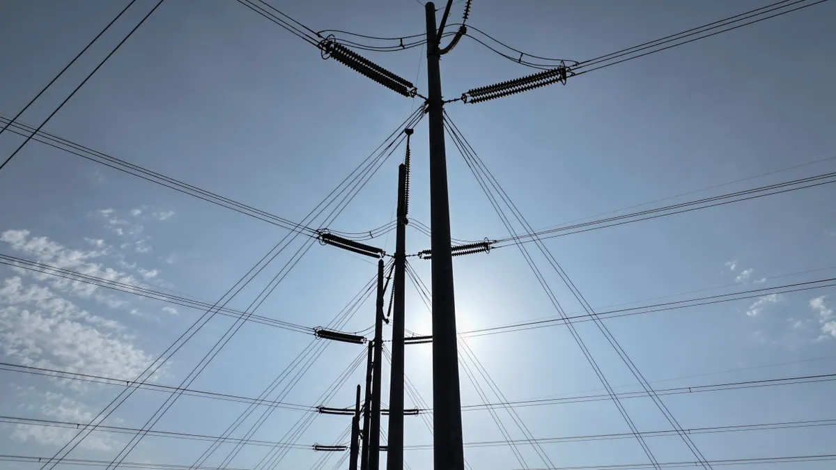High voltage power lines seen from below