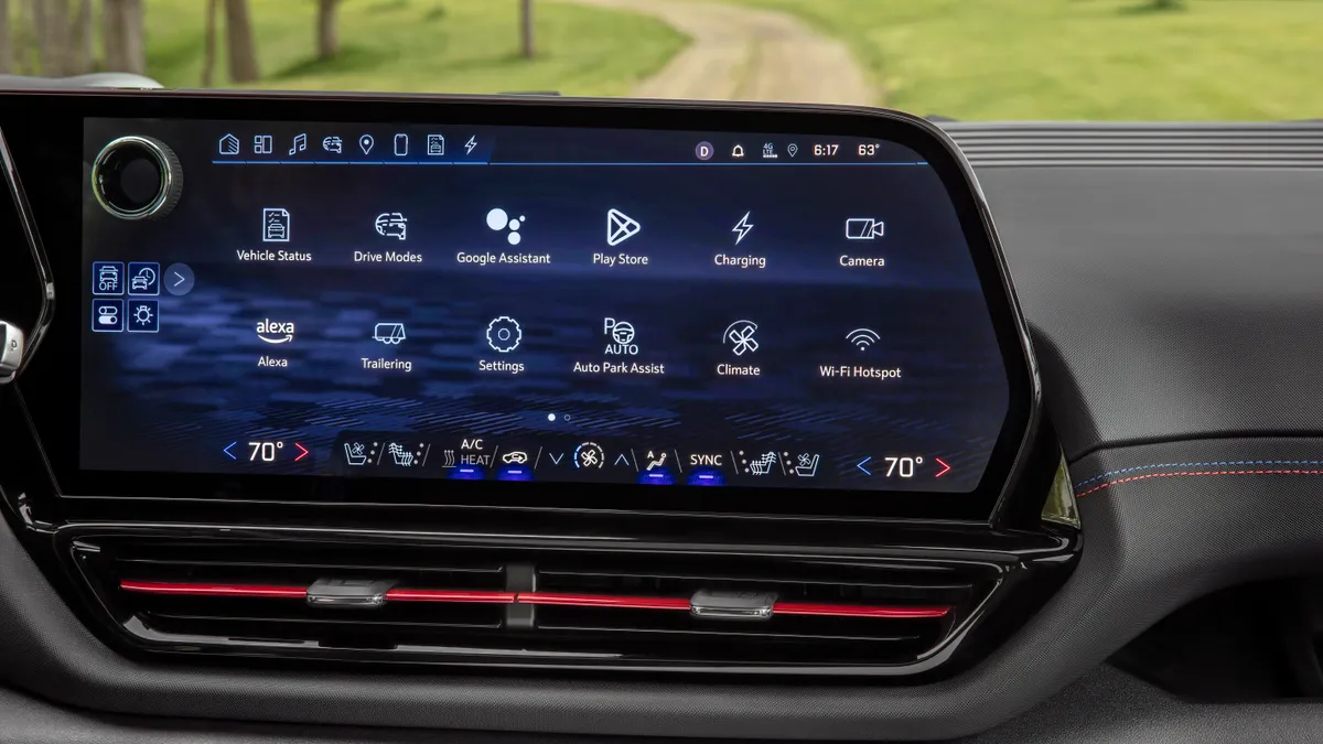 The 17-inch infotainment screen of the 20204 Chevy Silverado EV showing icons on the home screen.