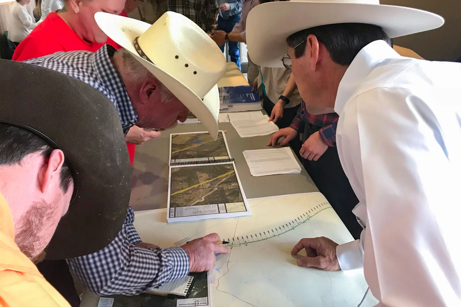 People around a table looking at images and papers.