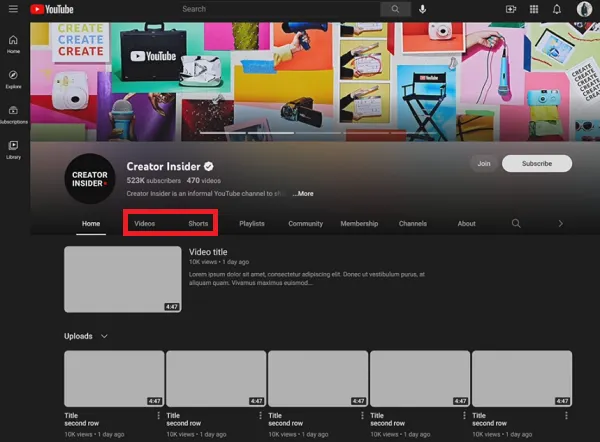 YouTube channel tabs