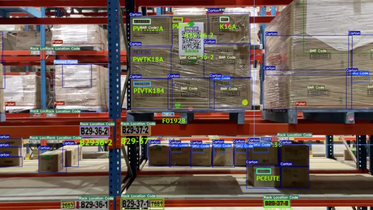 Lots of boxes with the barcodes highlighted through AI.