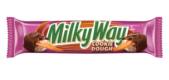 Milky Way Cookie Dough chocolate bar wrapped in a shiny pink foil