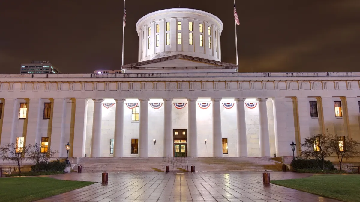 The Ohio Statehouse, located in Columbus, Ohio, is the house of government for the state of Ohio.