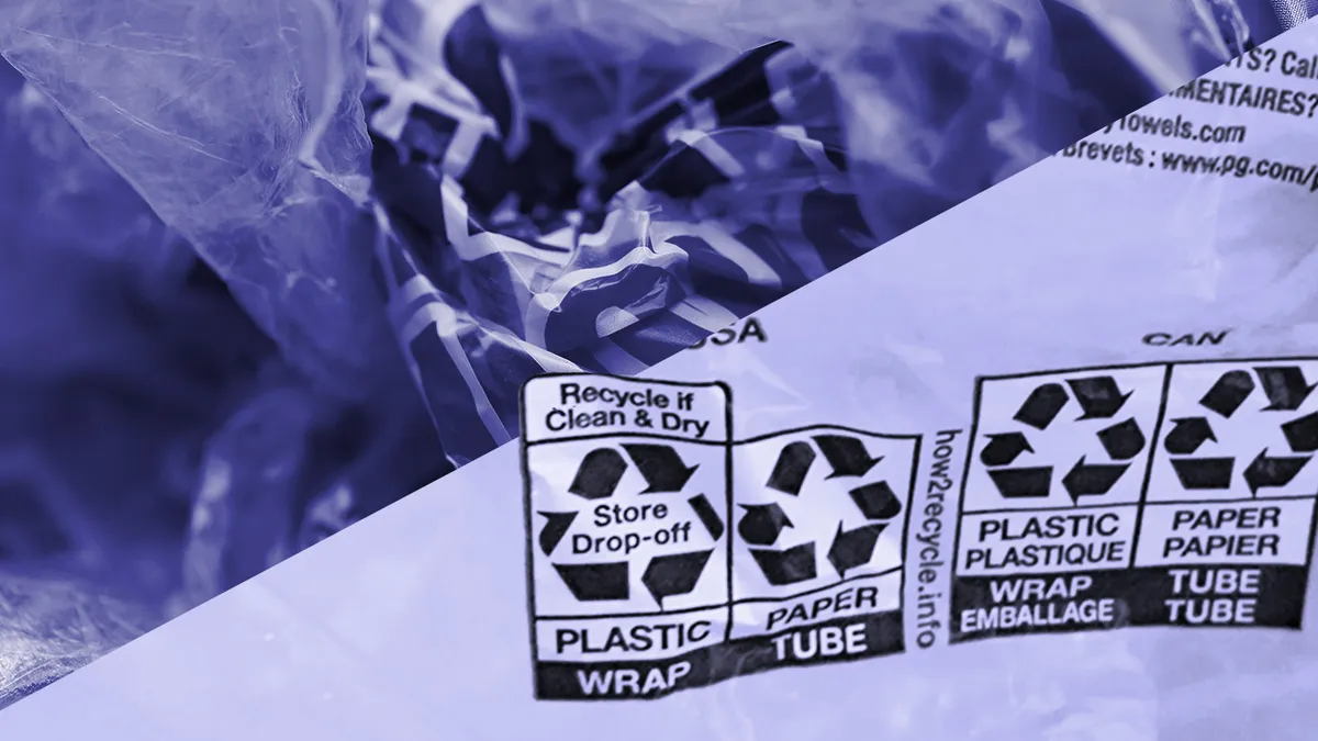 Recycling instructions on plastic film packaging