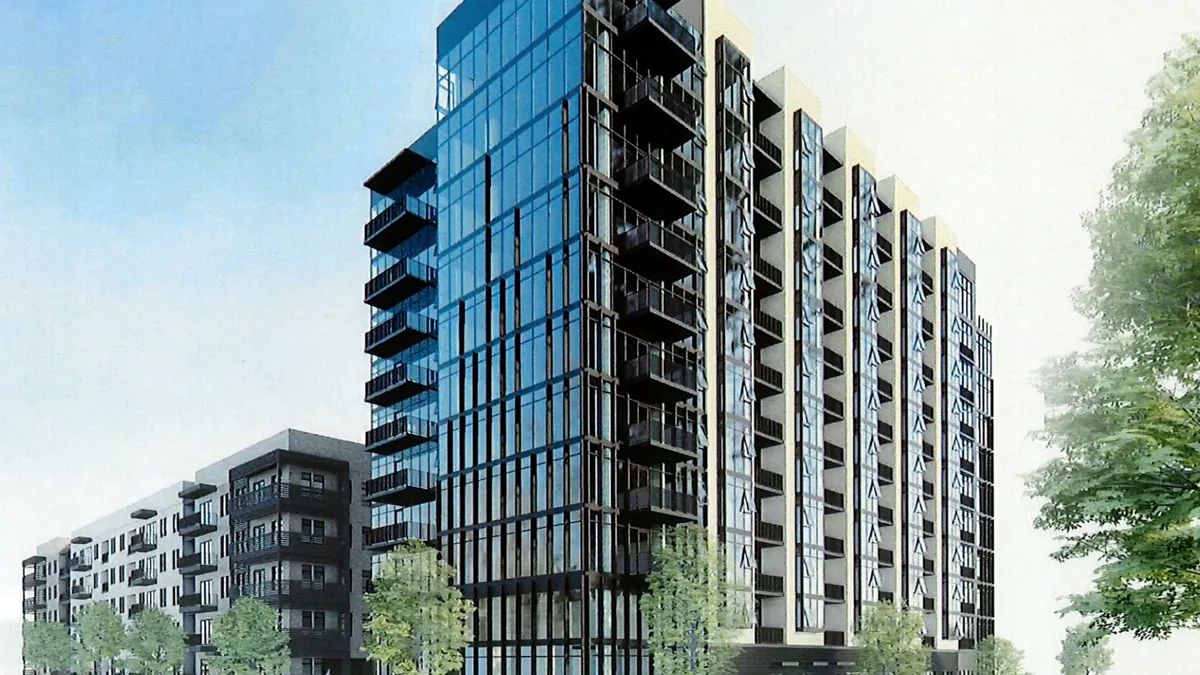 A rendering of a tall glass and steel apartment tower.