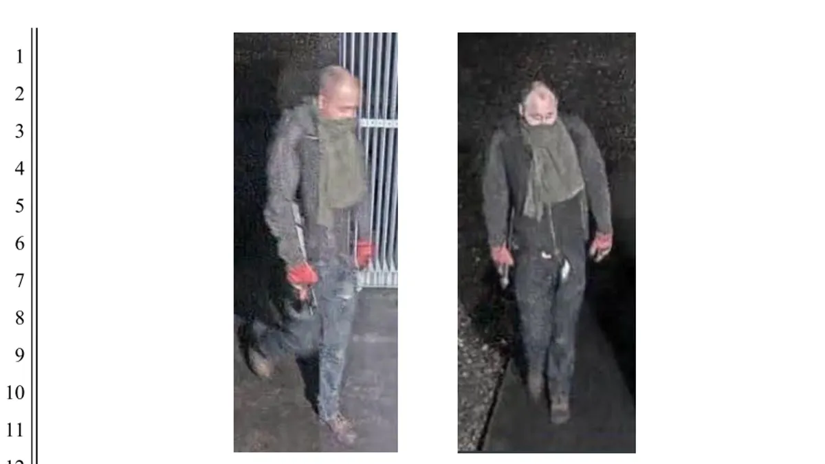 Tacoma Power surveillance images show a white male with a cloth covering parts of his face, exiting the substation. Image taken from  charging documents filed in U.S. District Court.