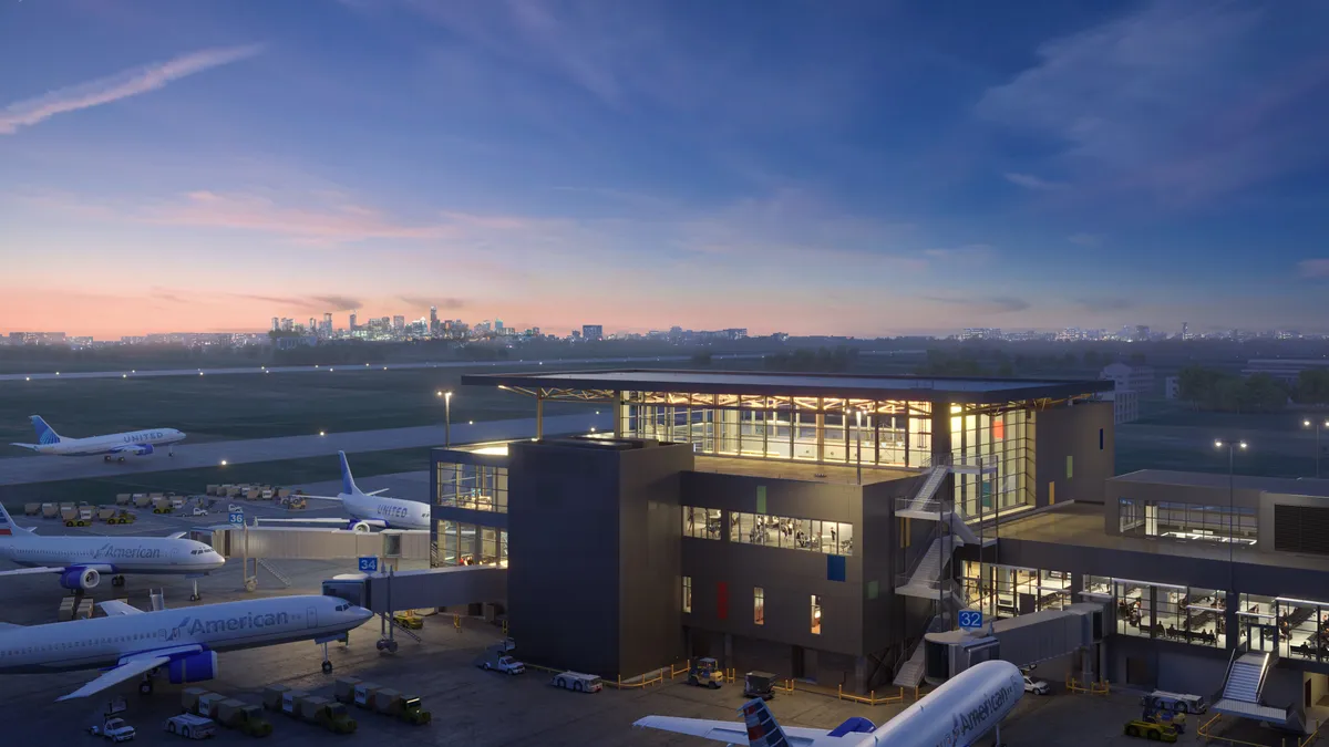 A rendering of an expansion of the West Gate expansion project, with planes and a lit-up building at night.