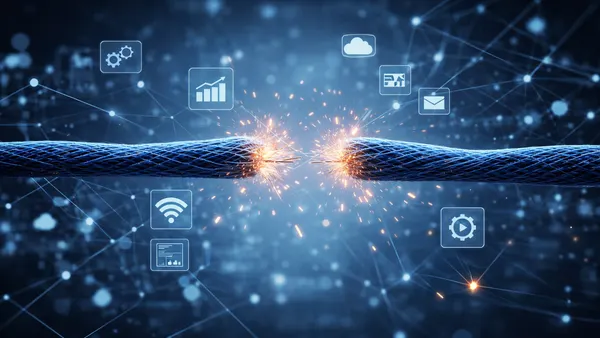 A blue digital cable snapped in the center, emitting sparks, with floating technology icons