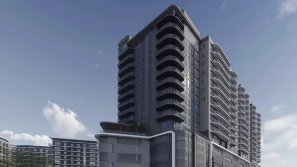 A rendering of a high-rise apartment building.
