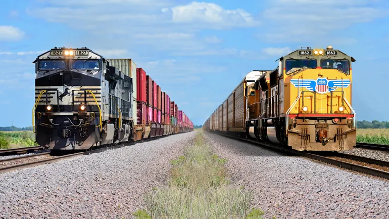 Union Pacific ve Norfolk Southern demiryolu hatlarının birleşme girişimi; rakip taşıyıcılar BNSF, CPKC ve CSX'in Surface Transportation Board'a sunduğu eleştiri belgelerini temsil eden demiryolu altyapısı ve yük treni görseli