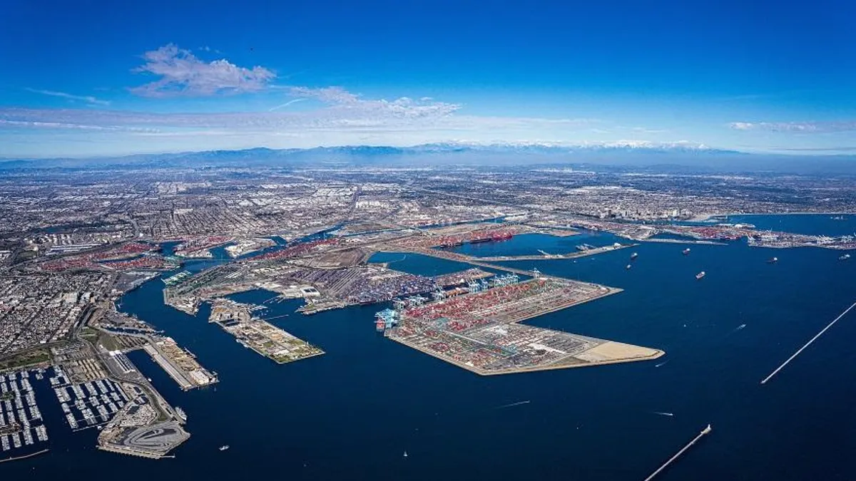 An aereal shot of the San Pedro Bay ports, Port of Los Angeles and Port of Long Beach, provided in a news release on Oct. 26, 2021.