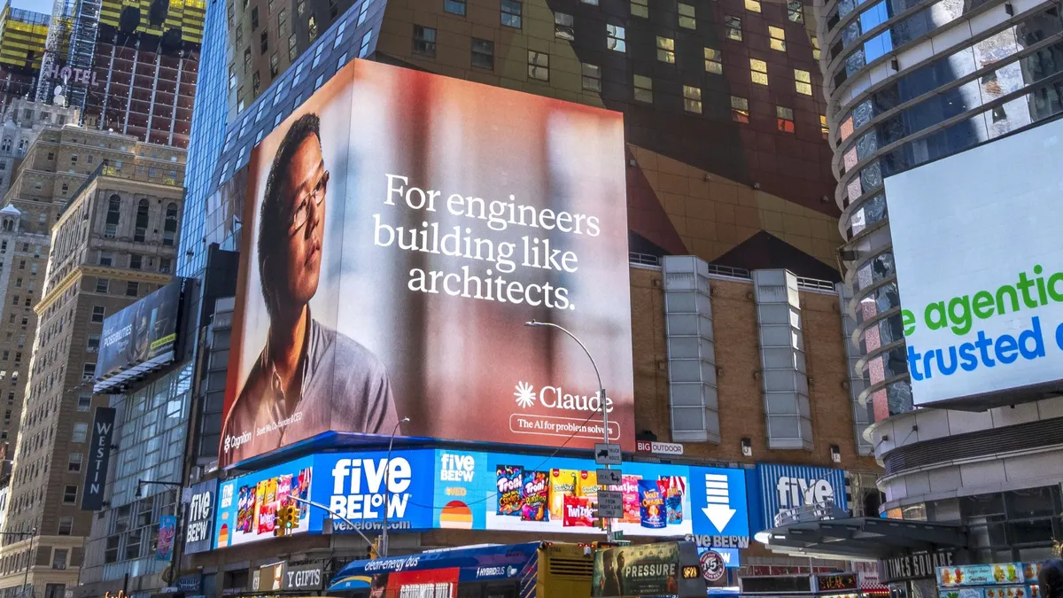 Giant illuminated billboard for the company Anthropic in Times Square in New York City