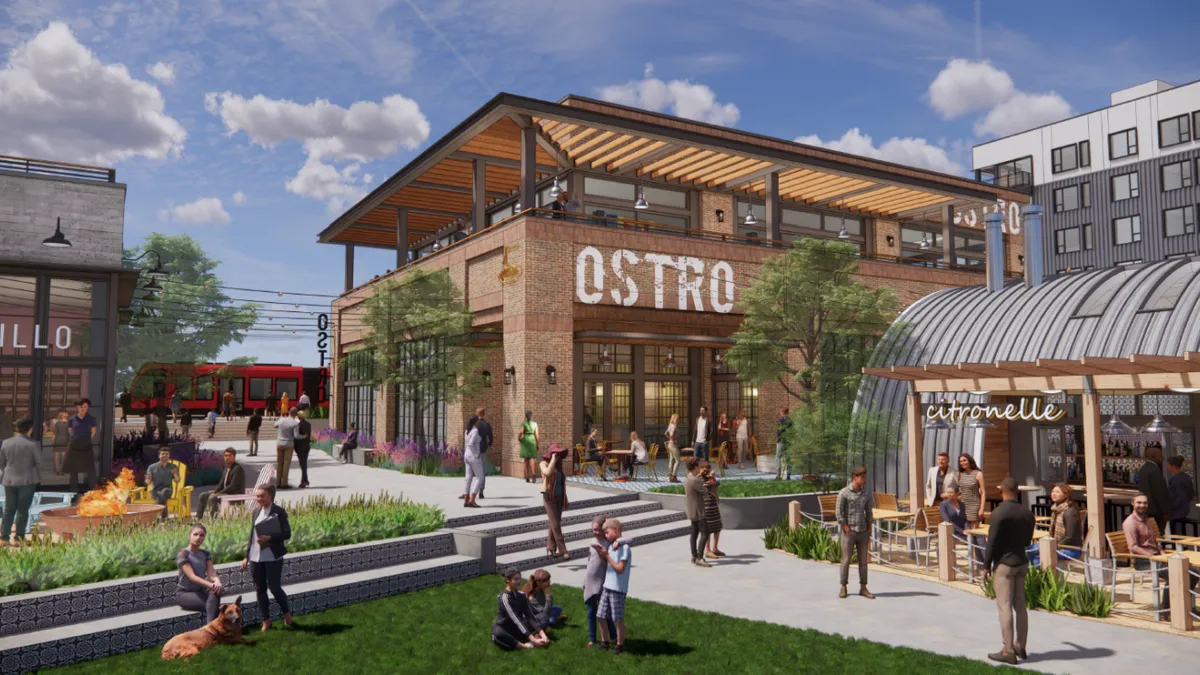 A rendering of a retail center at the upcoming Riverwalk San Diego development.