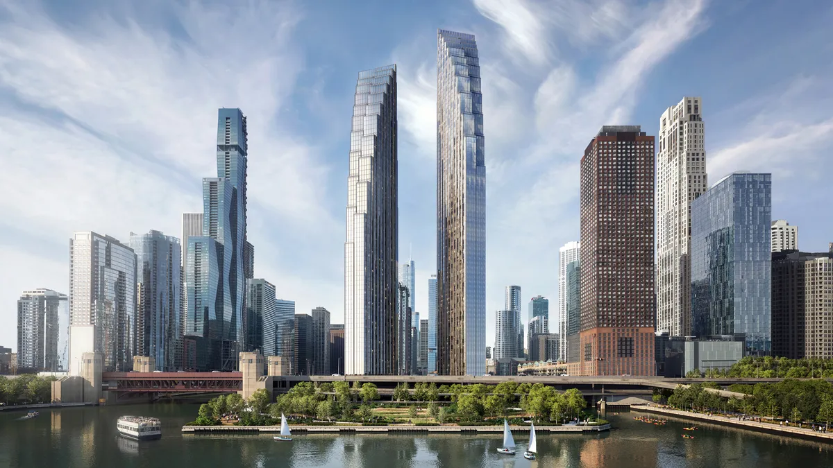 Rendering of silver high-rise buildings surrounded by other high rises with a blue sky in the background