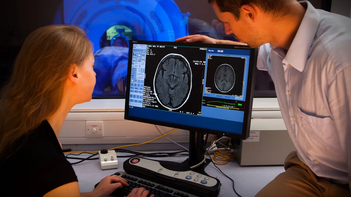 A pair of researchers look at imaging of a brain on a computer.