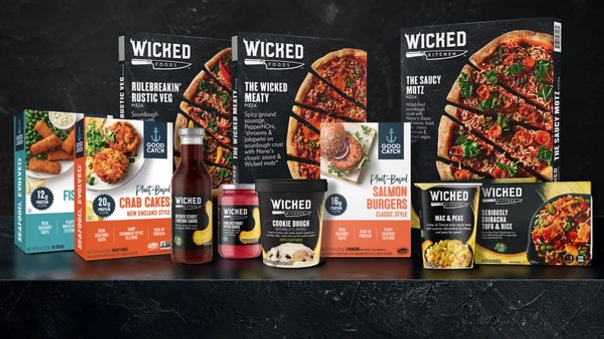 Packages of several Wicked Kitchen and Good Catch products against a black background.