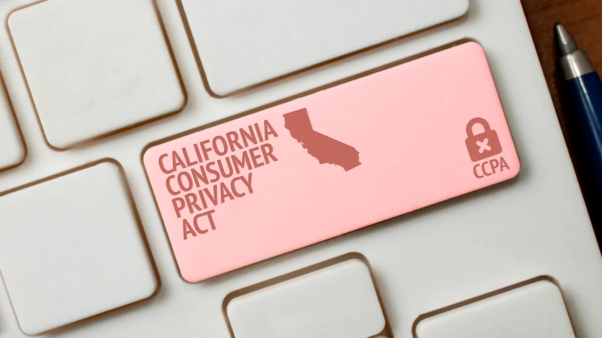 A white computer keyword with a lock, a California shape and the text California Consumer Privacy Act