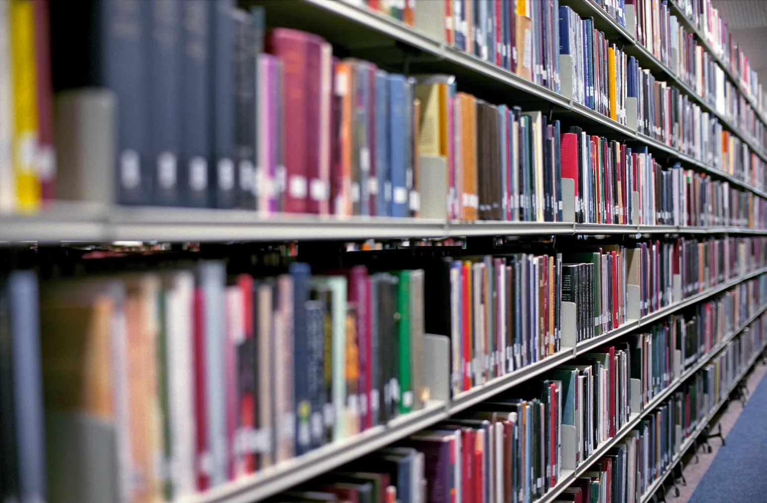 Rows of books sit on shelves.