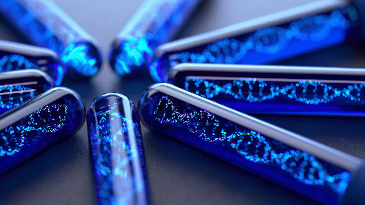 Test tube with DNA molecule on abstract background, 3d rendering, conceptual image.
