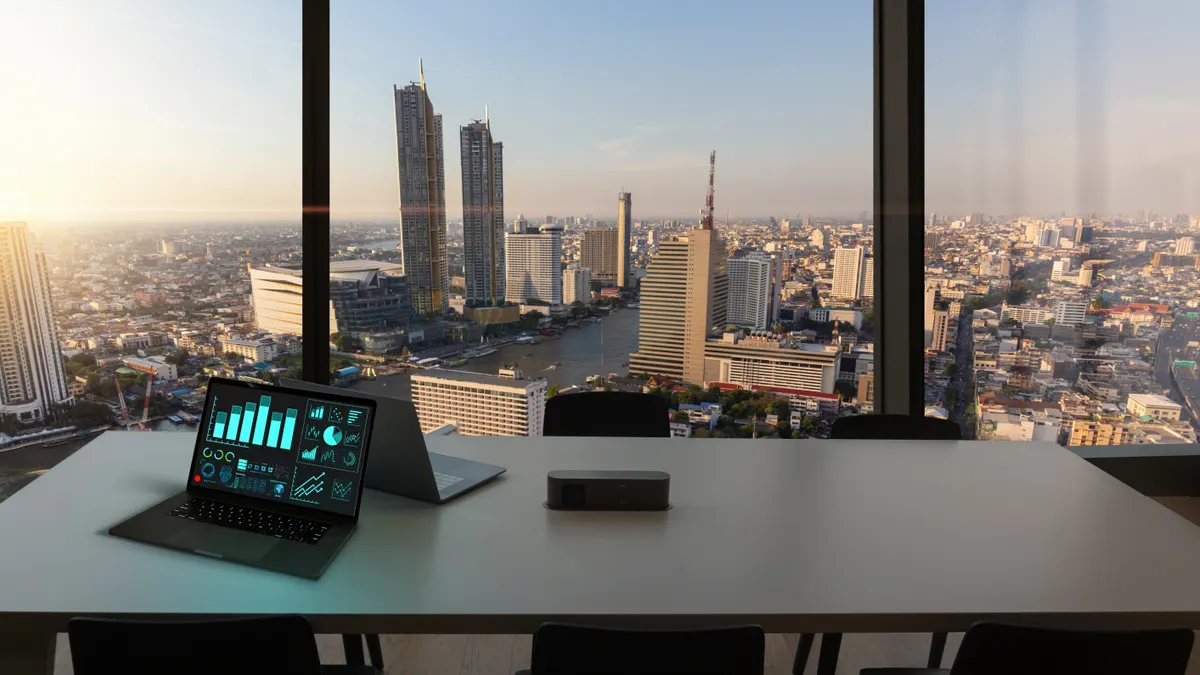 On summer holiday nobody in office.Business visual data analyzing technology by creative computer software or Ai concept.