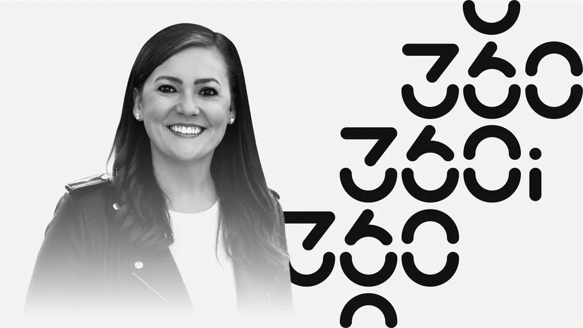 Agency executive Chrstine Cotter appears in black-and-white alongside the new 360i logo