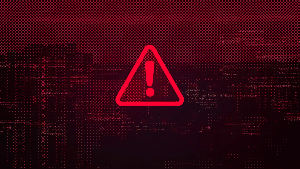 A digital depiction of a red triangle sign with an exclamation point in the center with binary code in the background.