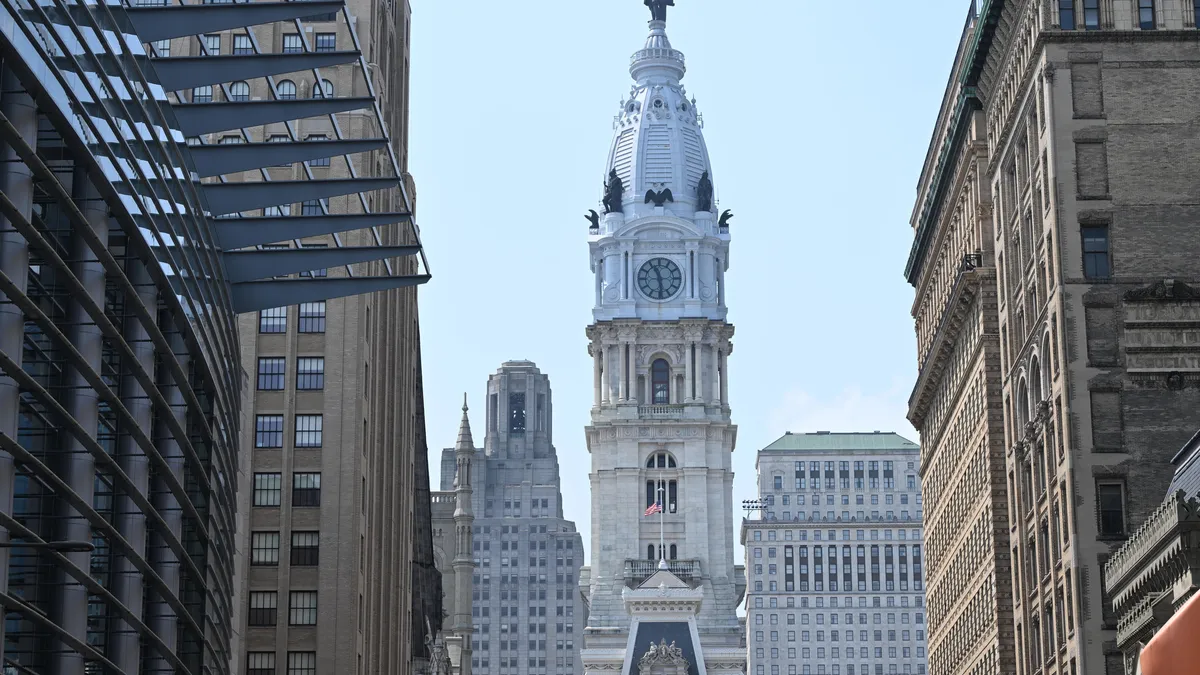 A medium shot of Philadelphia City Hall