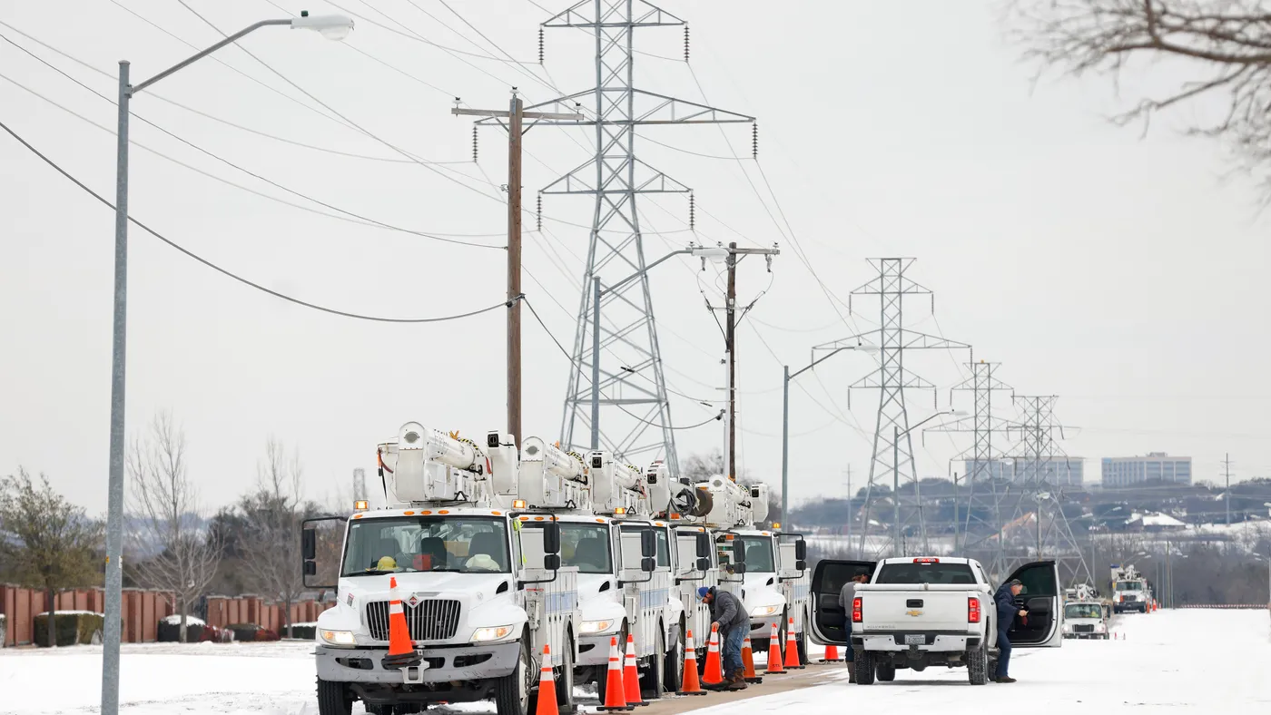 Pike Electric service trucks line up after a snow storm on February 16, 2021 in Fort Worth, Texas.