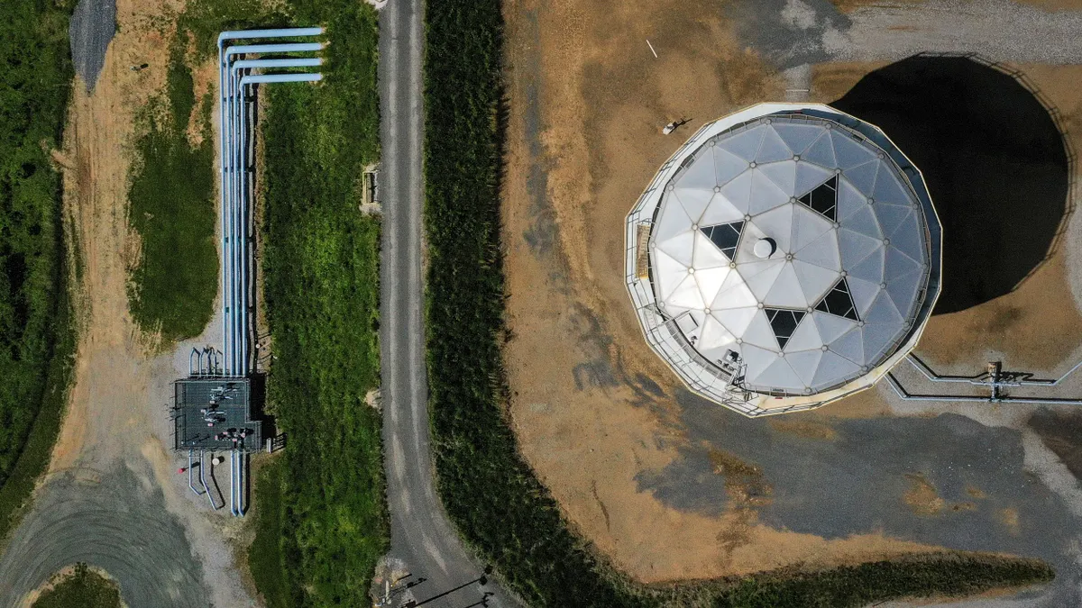 An aerial view of fuel holding tanks.