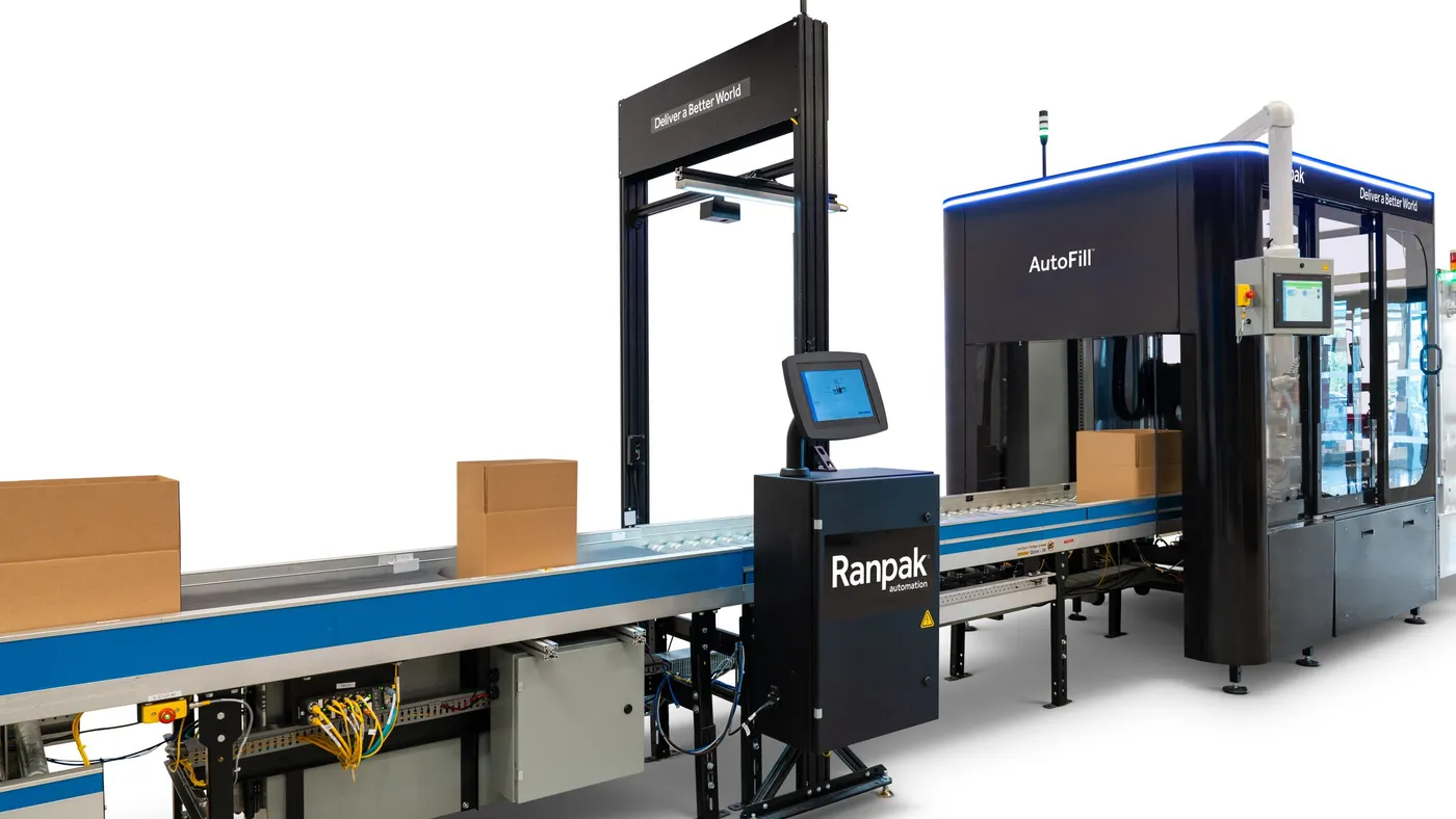 A view of an industrial machine with Ranpak's name and AutoFill branding on the exterior.