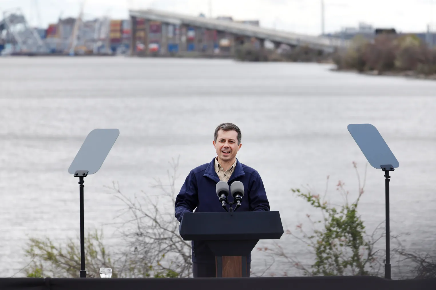 Transportation Secretary Pete Buttigieg speaks at an April 5 news conference near the site of the Francis Scott Key Bridge collapse in Baltimore.