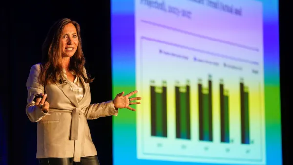 Woman presents in front of charts