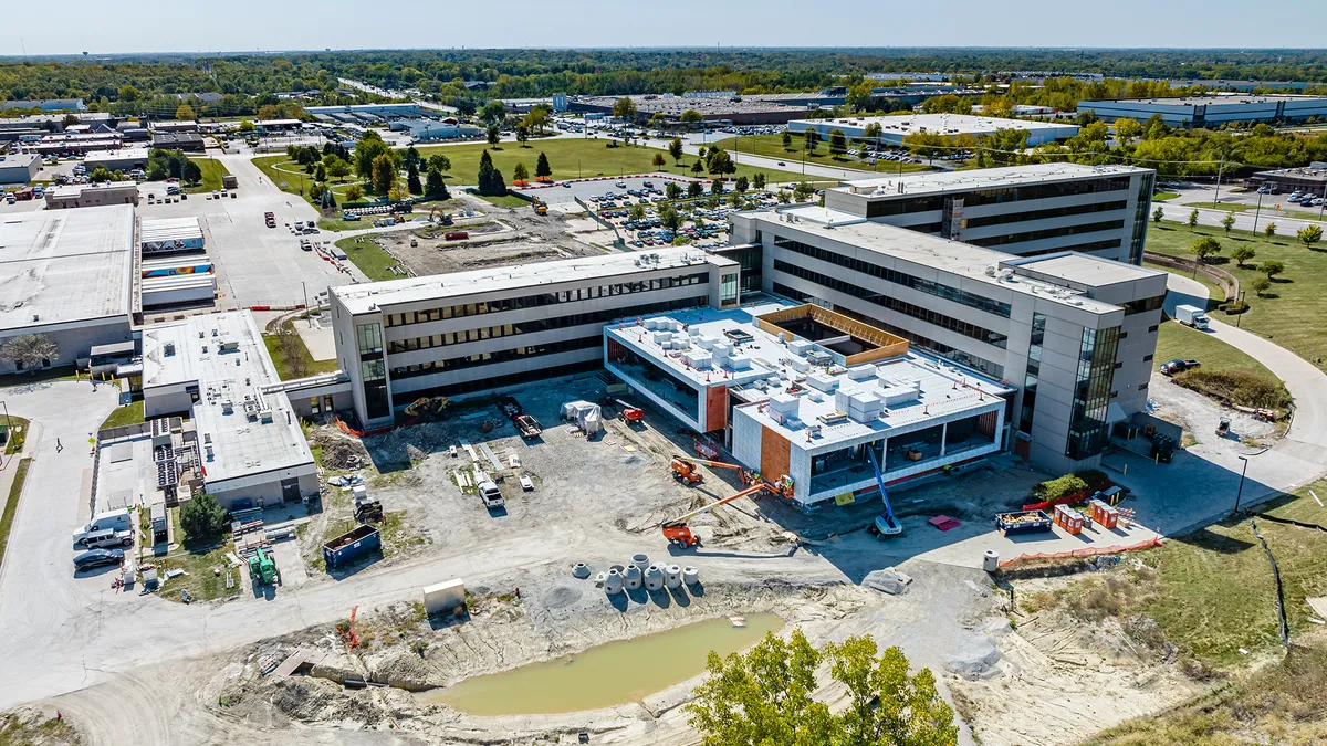 An overhead view of corporate buildings.