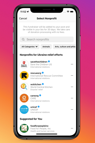 Instagram charity notification