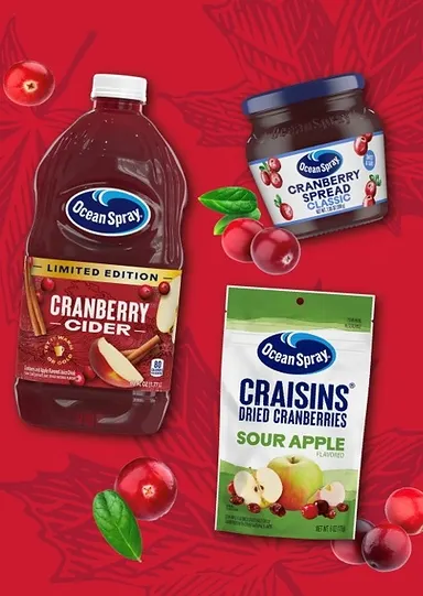 A product image containing Ocean Spray's new products for fall: a spread, craisins and a new juice.