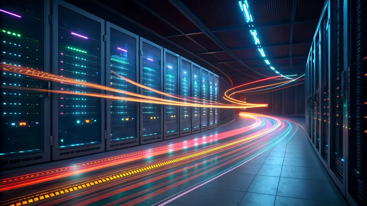 Data center server racks with glowing light trails