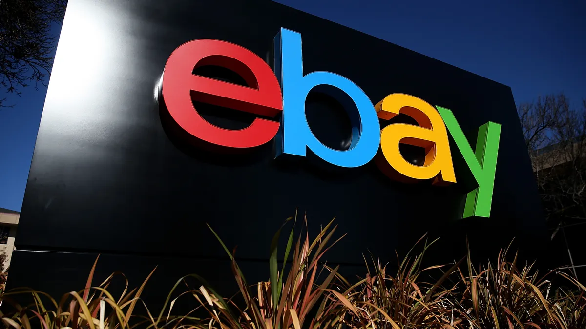 The outside of eBay's headquarters, featuring its logo.