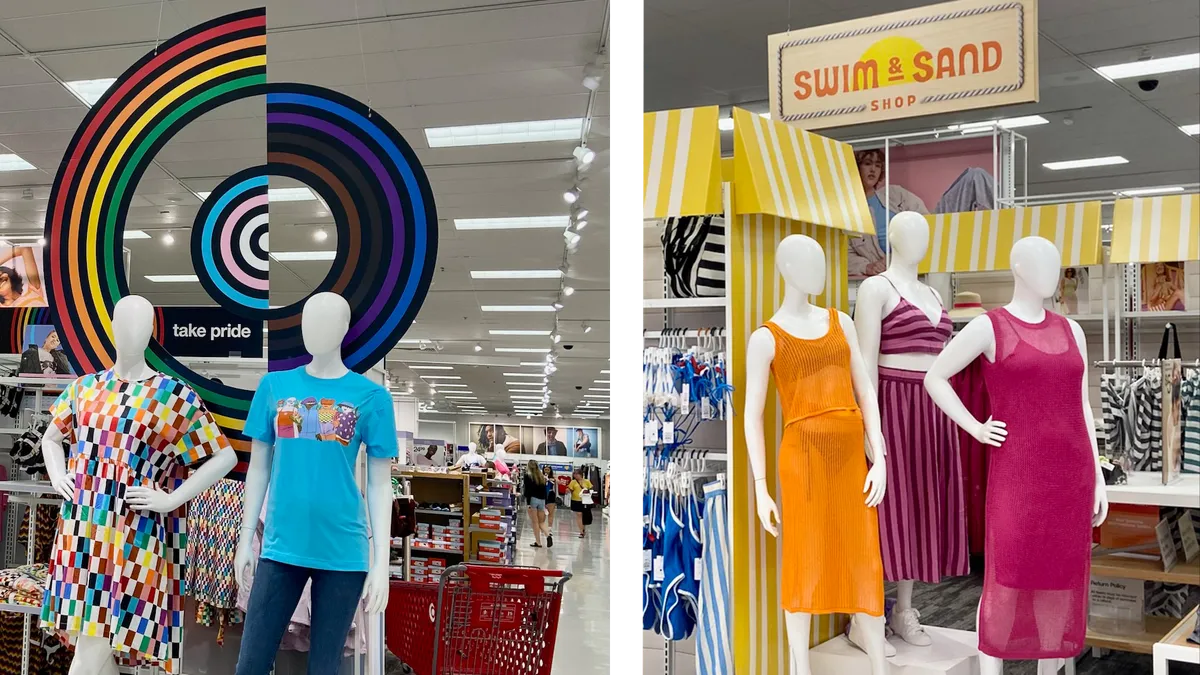 Side by side pictures of two displays with mannequins.