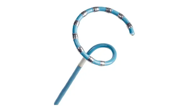 A picture of a blue pulsed field ablation catheter against a gray background.
