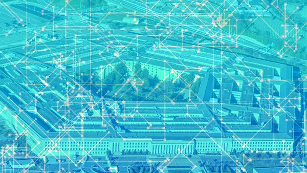 The top of the Pentagon building in cyan color-grading, with faded and blurred white dots and lines watermarked throughout the image.