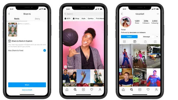 Instagram Reels as pictured on three smartphones