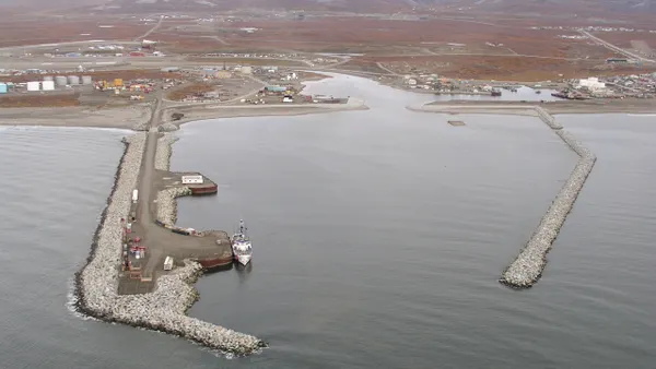 Aerial view of Nome Harbor in Nome, Alaska.